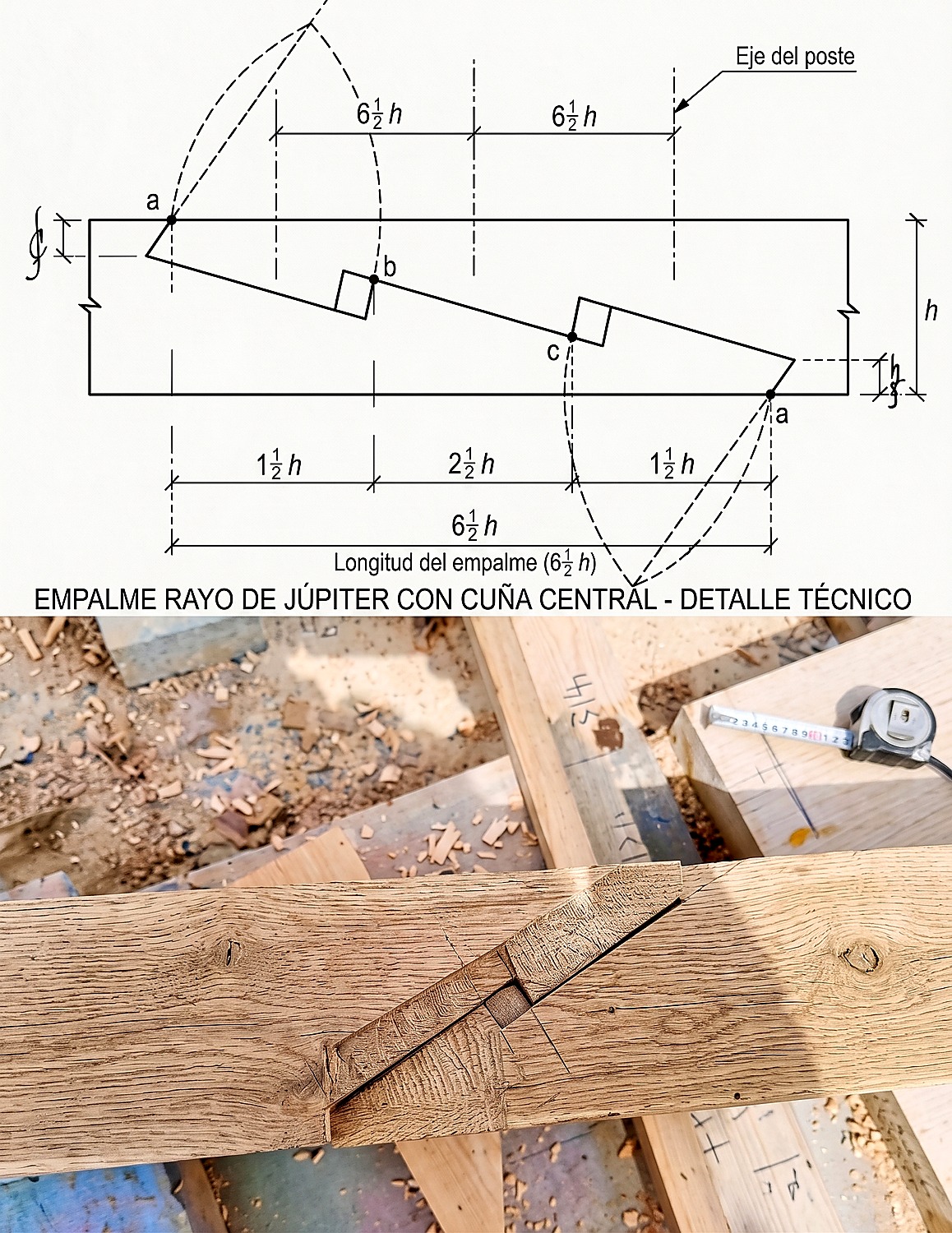 Empalme Rayo de Júpiter con cuña central — a Spanish technical layout diagram of the Trait de Jupiter scarf joint with measurements in fractions of beam height, paired with a photograph of the same joint cut into oak with a measuring tape for scale.